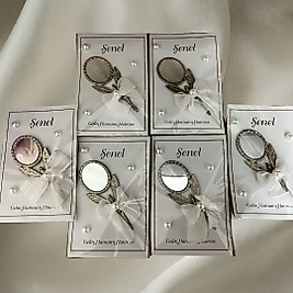 Hediyelik Metal Nikah Hatırası Kartlı Süslü Mini El Aynası